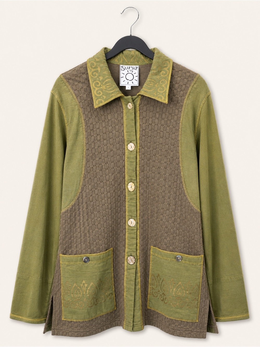 Surya Embroidered Button Front Jacket Olive Green Metallic Size Large Cotton